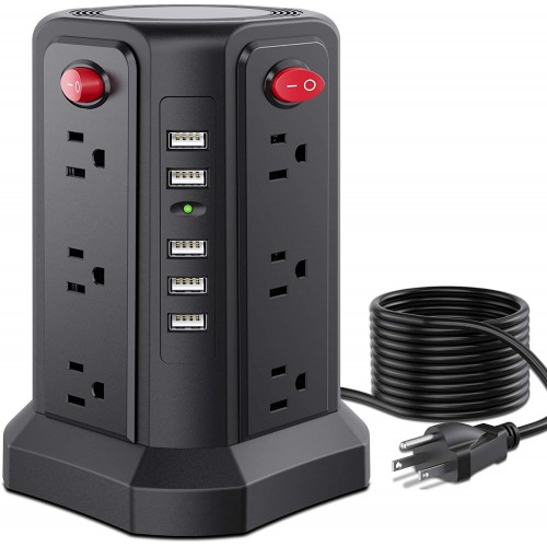 Extension Power Strip With Surge (4000w/16a), Electric Power Strip Tower  With 4 Usb Ports And 12 Outlets, Power Strip With Individual Switch, 5m  Cord